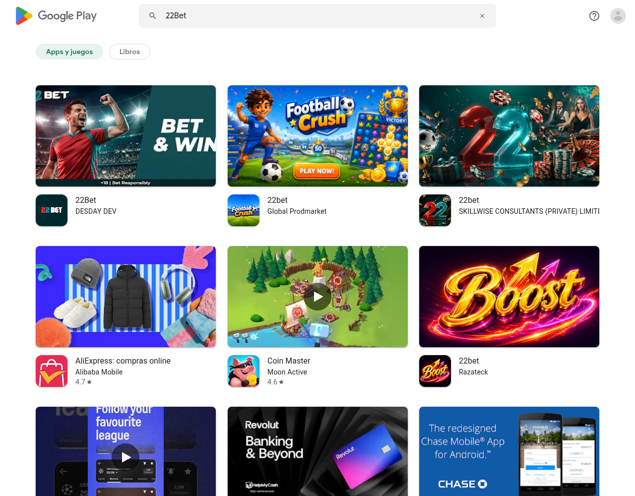 Captura suministrada de una búsqueda de 22Bet en Google Play para Honduras
