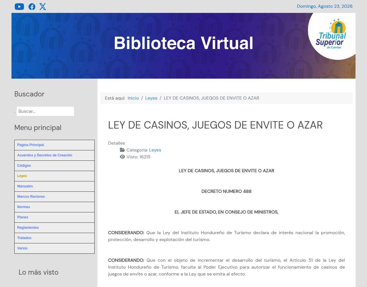 Captura del registro del Decreto 488 publicado por el Tribunal Superior de Cuentas