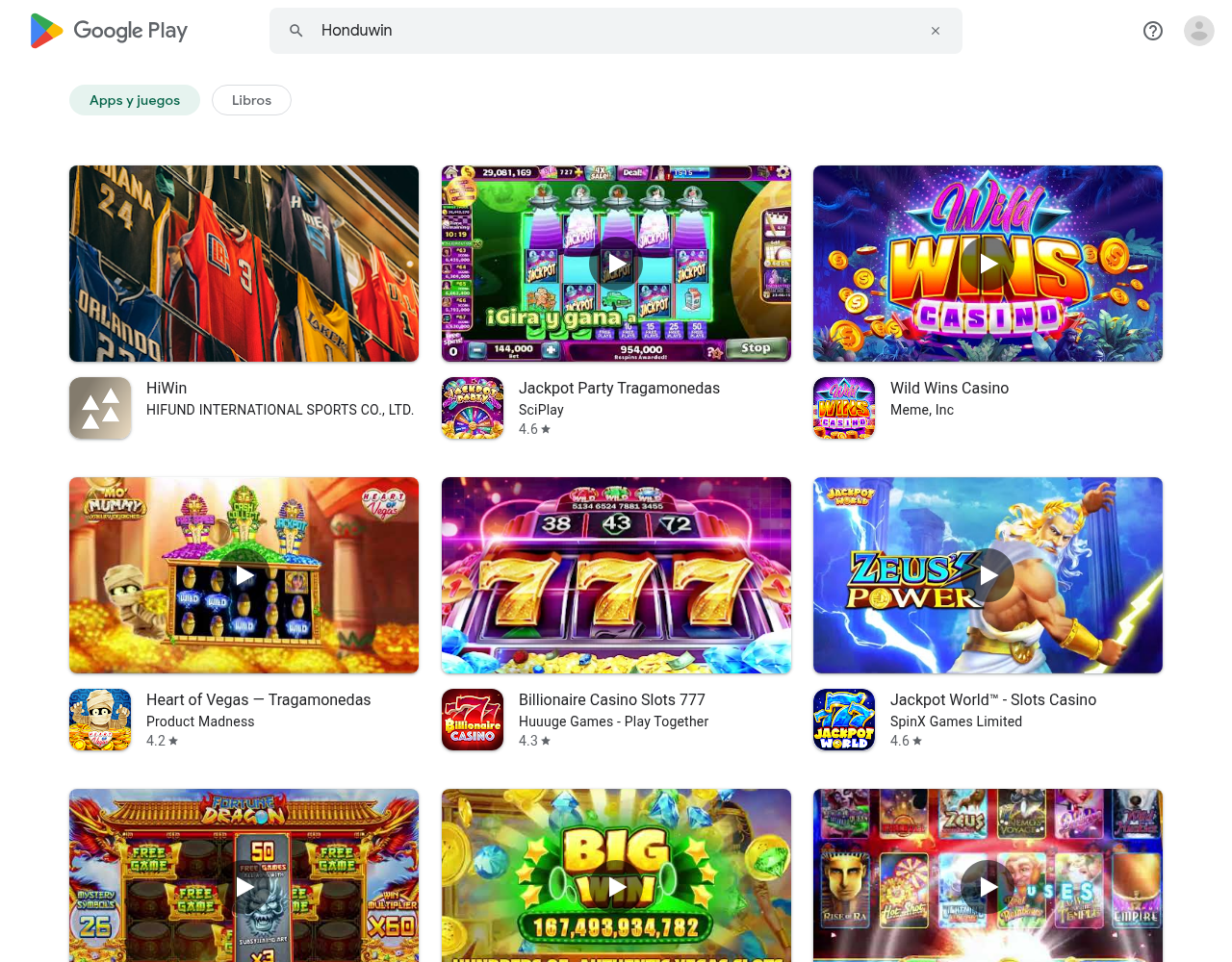 Captura suministrada de una búsqueda fechada de Honduwin en Google Play Honduras