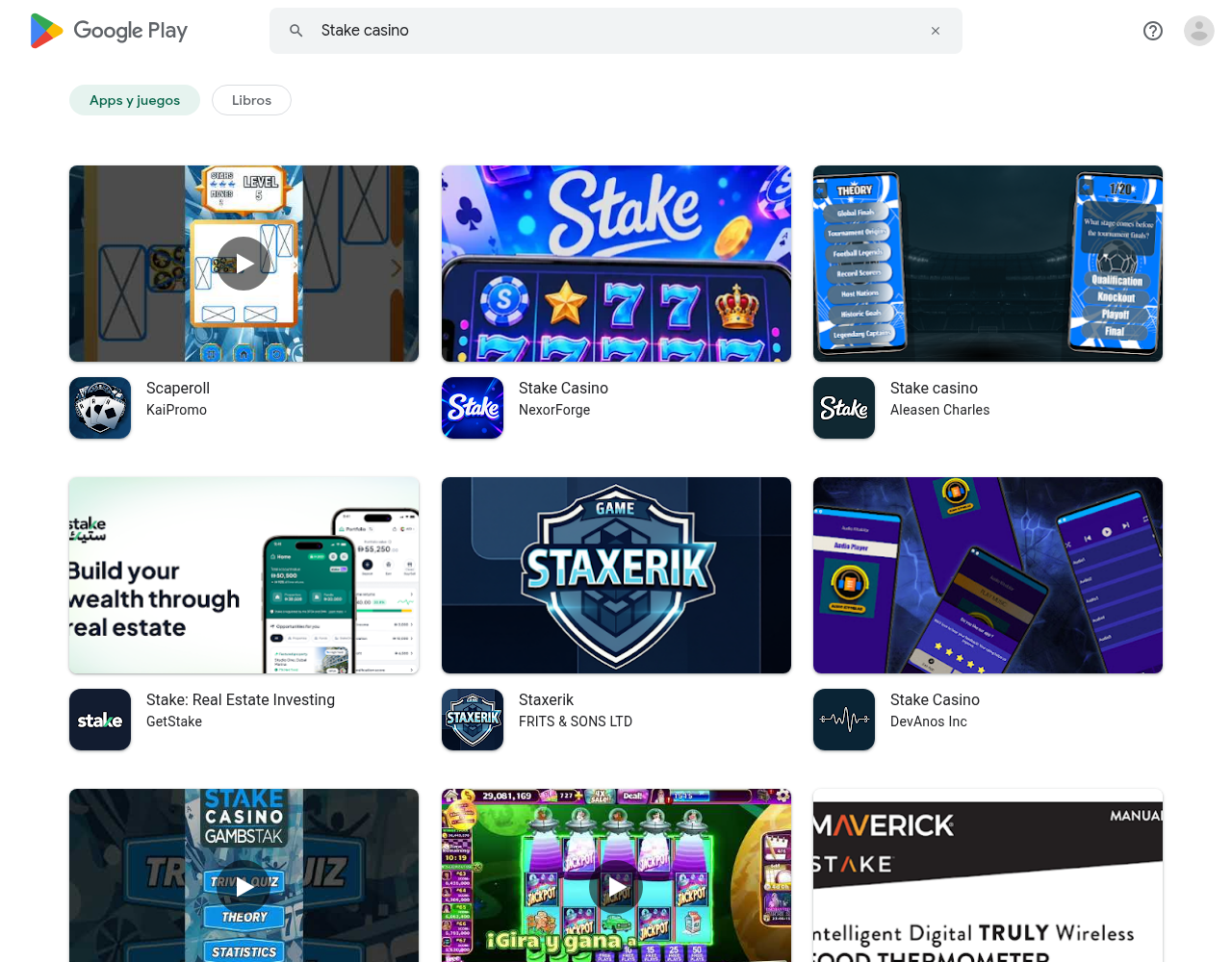 Captura de una búsqueda fechada de Stake casino en Google Play para Honduras